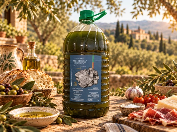 Garrafa de 5 litros de AOVE Coupage sin filtrar Mirador de Riofrío sobre una mesa con pan y aceitunas