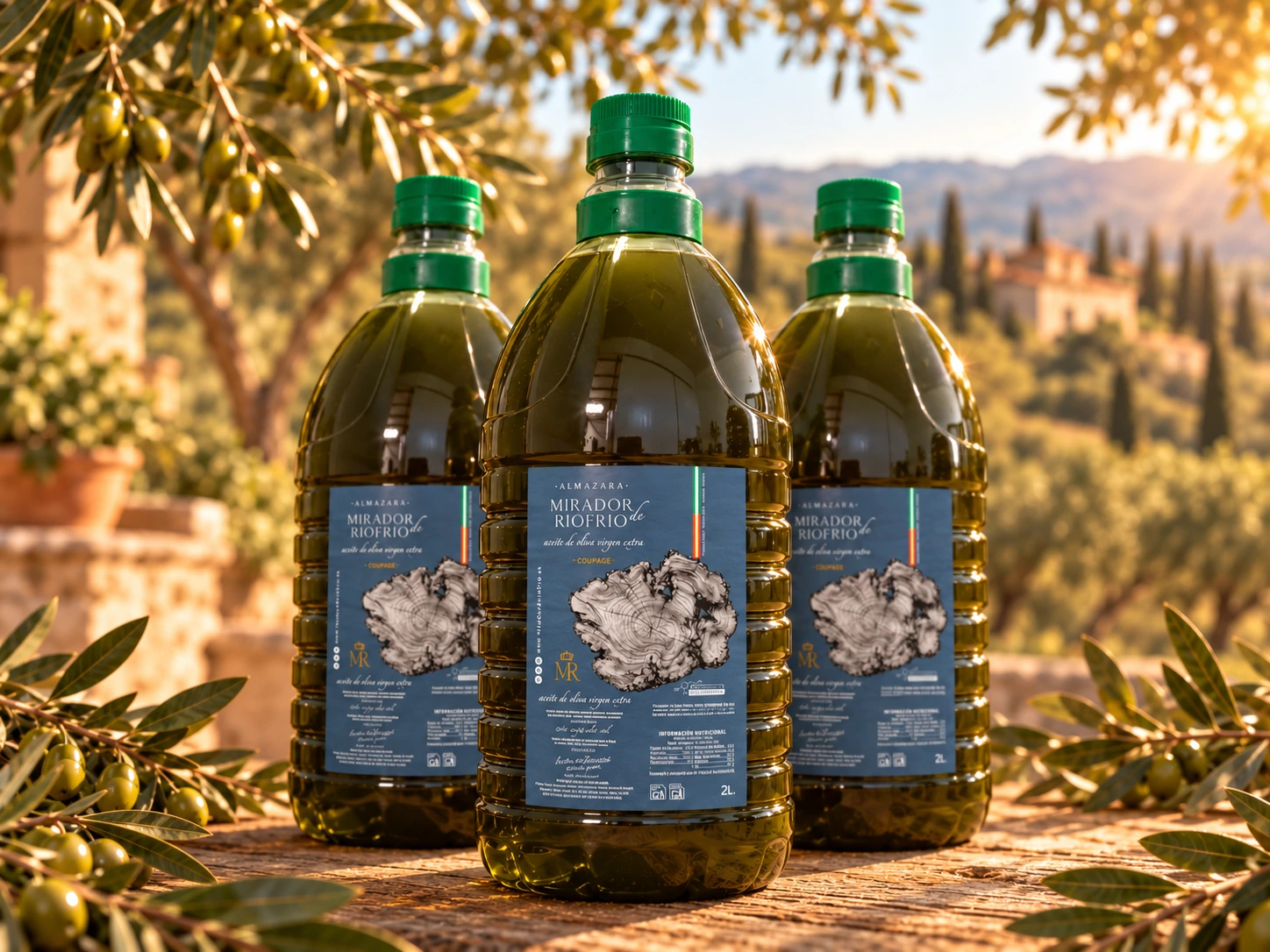 Pack de tres garrafas de 2 litros de AOVE Coupage sin filtrar Mirador de Riofrío junto a ramas de olivo